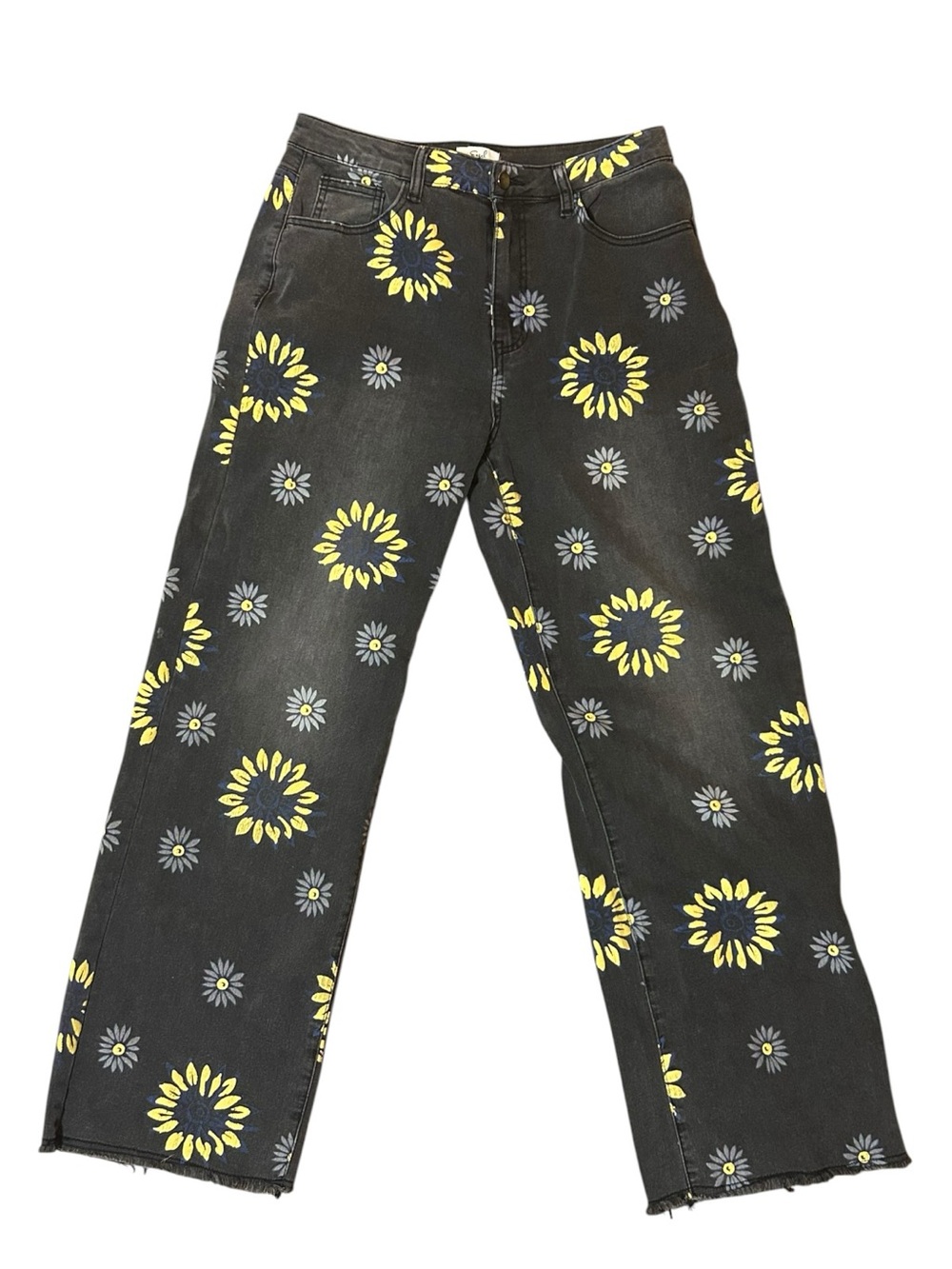 easel Los Angeles Black Jeans with Yellow & Blue Floral Accent